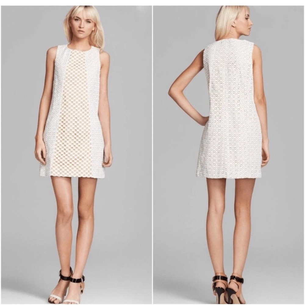 Tibi Sonoran Cotton Geometric Eyelet‎ Overlay Shift Dress sz 6 Neutral Minimal